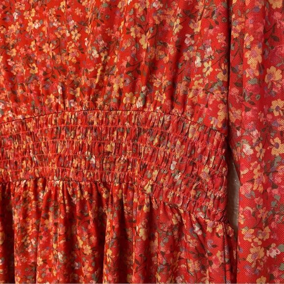 Lane Bryant micro Floral Print v Neck Peasant Prairie boho mesh Blouse red 14/16 - Picture 11 of 11